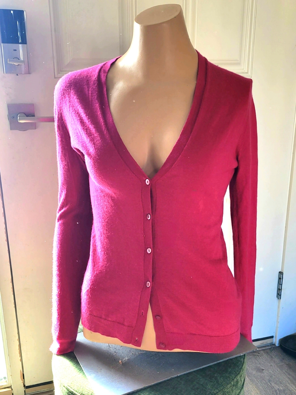 Women's Deep Pink V-Neck Button-Up Cardigan